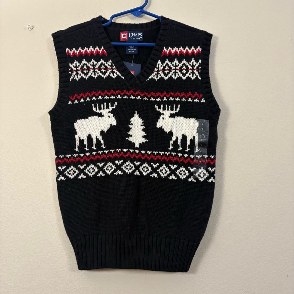 Chaps Boys 7 Sweater Vest Knit Reindeer Christmas Holiday Black Red White NWT cl